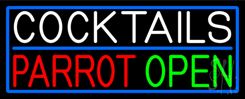 Cocktails Parrot Open With Blue Border Neon Sign