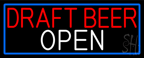 Draft Beer Open With Blue Border Neon Sign