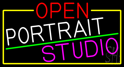 Open Portrait Studio With Yellow Border Neon Sign