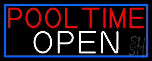 Pool Time Open With Blue Border Neon Sign