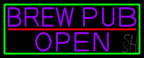 Purple Brew Pub Open With Green Border Neon Sign
