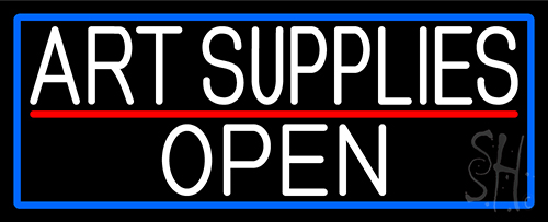 White Art Supplies Open With Blue Border Neon Sign