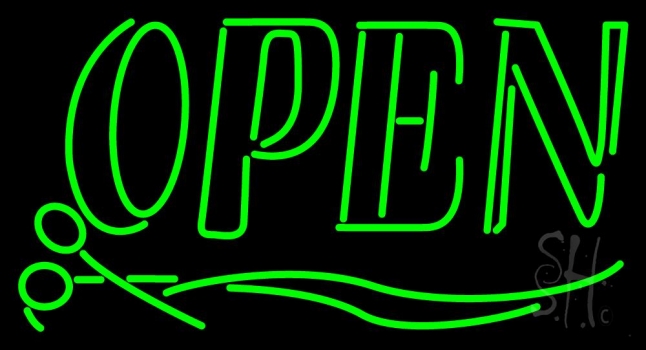 Green Open With Scissor Neon Sign