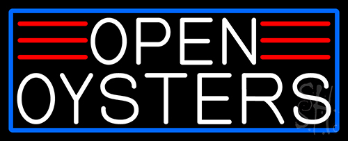 White Open Oysters With Blue Border Neon Sign