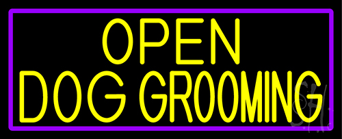 Yellow Open Dog Grooming With Purple Border Neon Sign