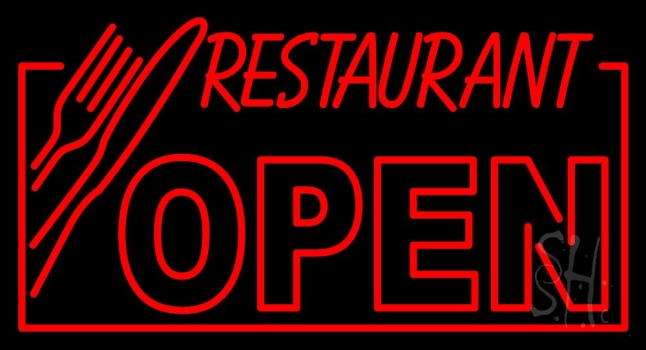 Red Restaurant Open With Knife And Fork Neon Sign
