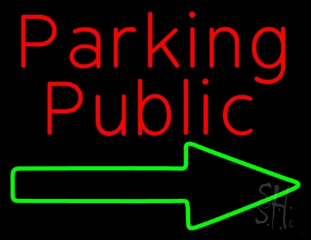 Red Public Parking With Arrow Neon Sign