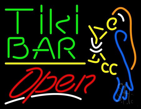 Green Tiki Bar With Parrot Martini Glass Open Neon Sign