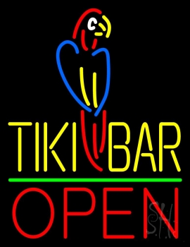 Tiki Bar With Parrot Open Neon Sign
