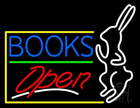 Blue Books With Rabbit Logo Open Neon Sign