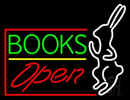 Green Books With Rabbit Logo Open Neon Sign