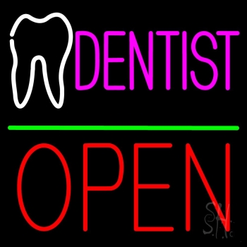 Dentist Logo Block Open Green Line Neon Sign
