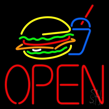 Burger And Drink Open Neon Sign
