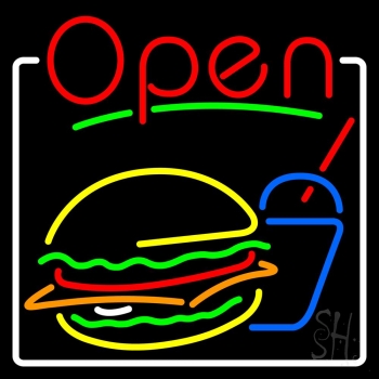 Burger And Drink Open With Border Neon Sign