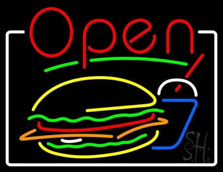Burger And Drink Open With Border Neon Sign
