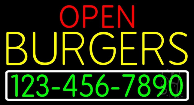 Open Burgers With Numbers Neon Sign