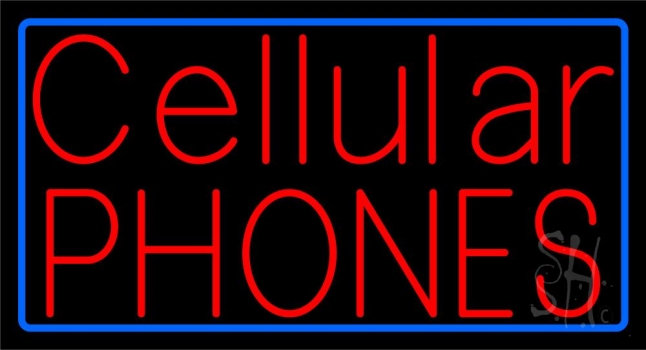 Red Cellular Phones Blue Border Neon Sign