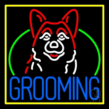 Dog Grooming Yellow Border Neon Sign