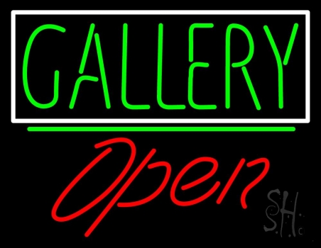 Green Gallery Block With Open 2 Neon Sign