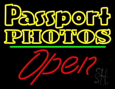 Passport Photos Block With Open 2 Neon Sign