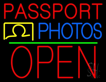 Red Passport Blue Photos With Open 1 Neon Sign