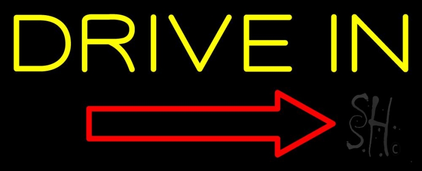 Drive In With Red Arrow Neon Sign