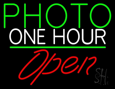 Green Photo One Hour With Open 2 Neon Sign