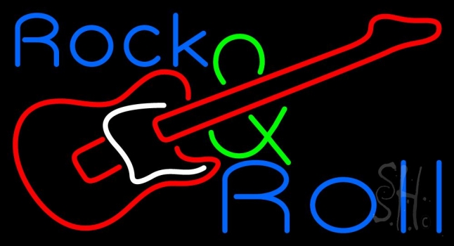 Rock And Roll With Red Guitar Neon Sign