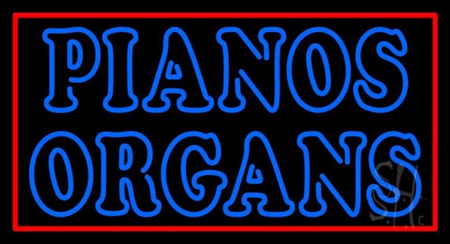 Blue Pianos Organs Block Red Border Neon Sign