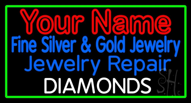 Custom Jewelry Repair With Green Border Neon Sign