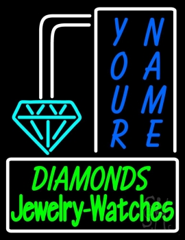 Custom Green Diamonds Jewelry Watches With White Border Neon Sign