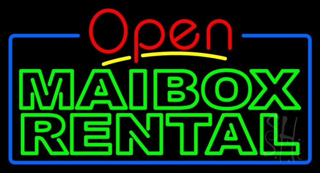 Green Mailbox Rental Block With Open 4 Neon Sign