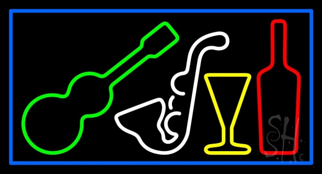 Music Instrument Glass And Bottle With Border Neon Sign