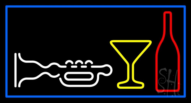 Music Instrument Glass And Bottle With Blue Border Neon Sign