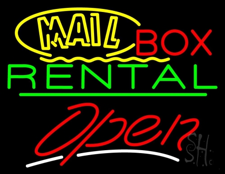 Yellow Mail Block Box Rental Open 2 Neon Sign