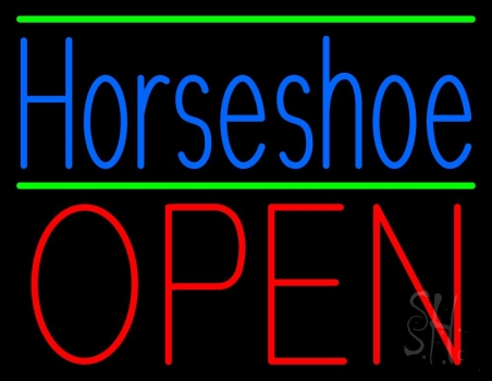 Blue Horseshoe Open Green Line Neon Sign