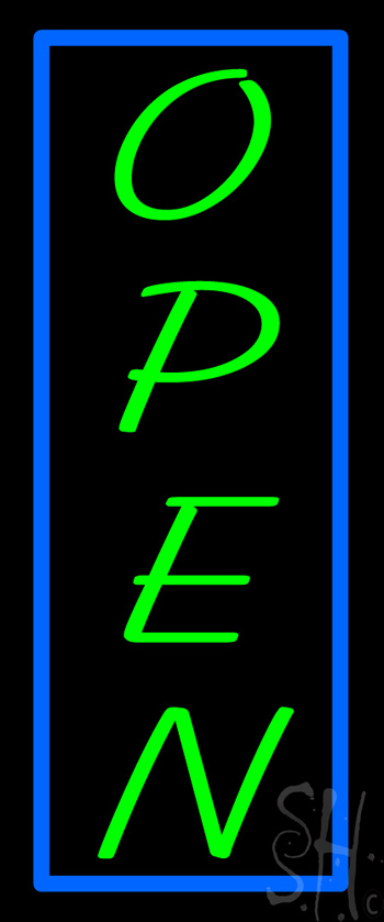 Vertical Open With Blue Border Neon Sign