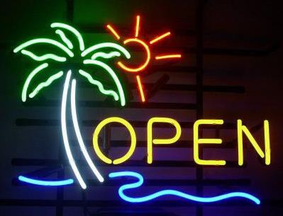 Sunset With Paln Tree Open Logo Neon Sign