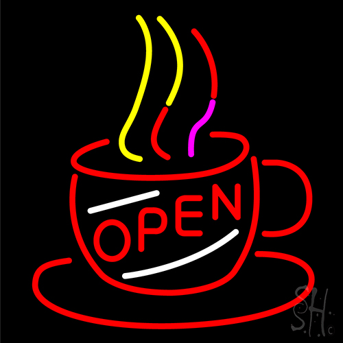 Coffee Cup With Open Neon Sign