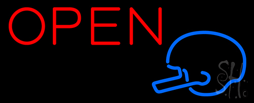 Open In Bright Red With Blue Helmet Neon Sign