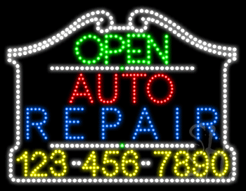 Auto Repair Open with Phone Number Animated LED Sign