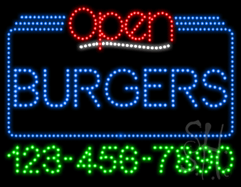 Burgers Open with Phone Number Animated LED Sign