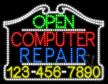 Computer Repair Open with Phone Number Animated LED Sign