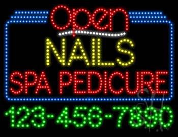Nails Spa Pedicure Open with Phone Number Animated LED Sign