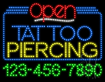 Tattoo Piercing Open with Phone Number Animated LED Sign