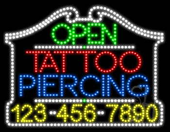 Tattoo Piercing Open with Phone Number Animated LED Sign
