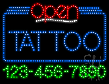 Tattoo Open with Phone Number Animated LED Sign