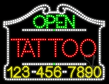 Tattoo Open with Phone Number Animated LED Sign