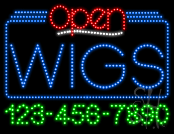 Wigs Open with Phone Number Animated LED Sign