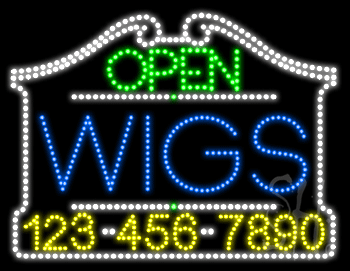 Wigs Open with Phone Number Animated LED Sign